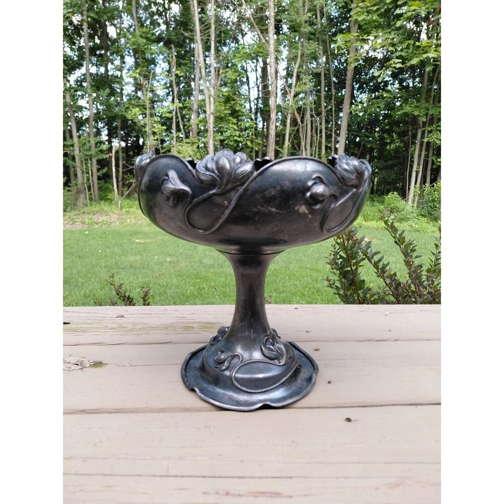 Antique Art Deco Large Compote Bowl Eyecatching Tarnished Silverplate